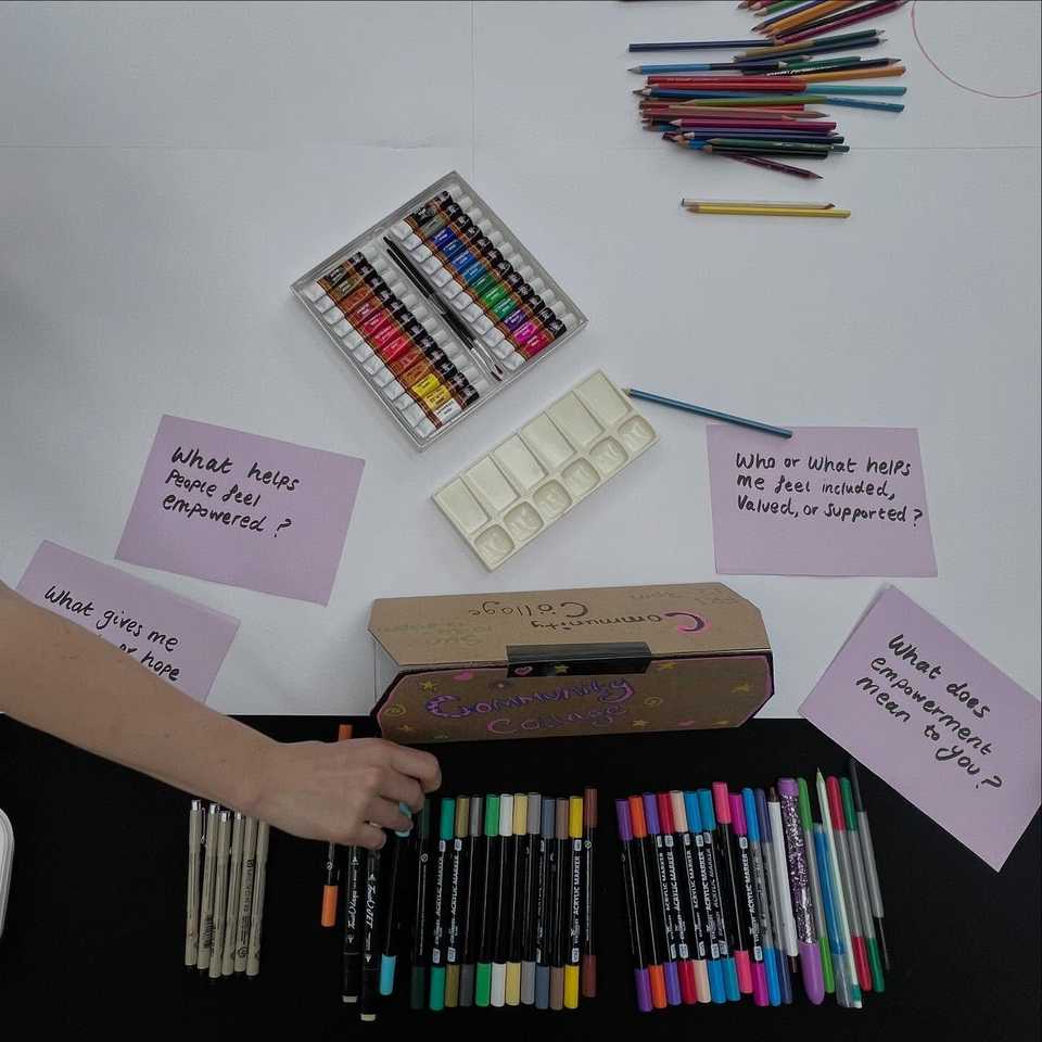 Art materials and prompt cards laid out on a table